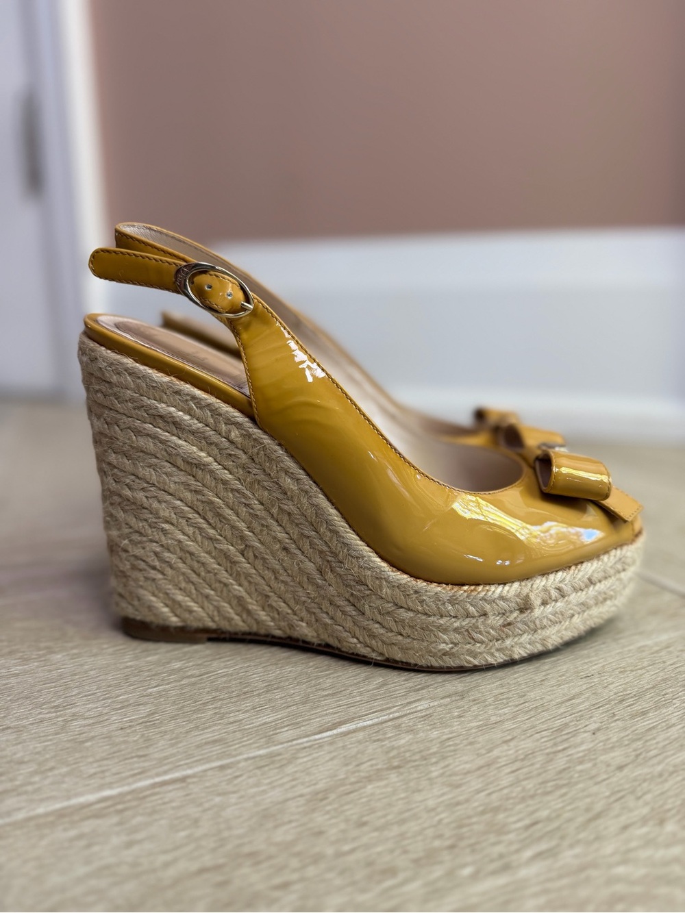 Christian Dior Mustard Patent Leather Espadrille Platform Wedge Sandals 38